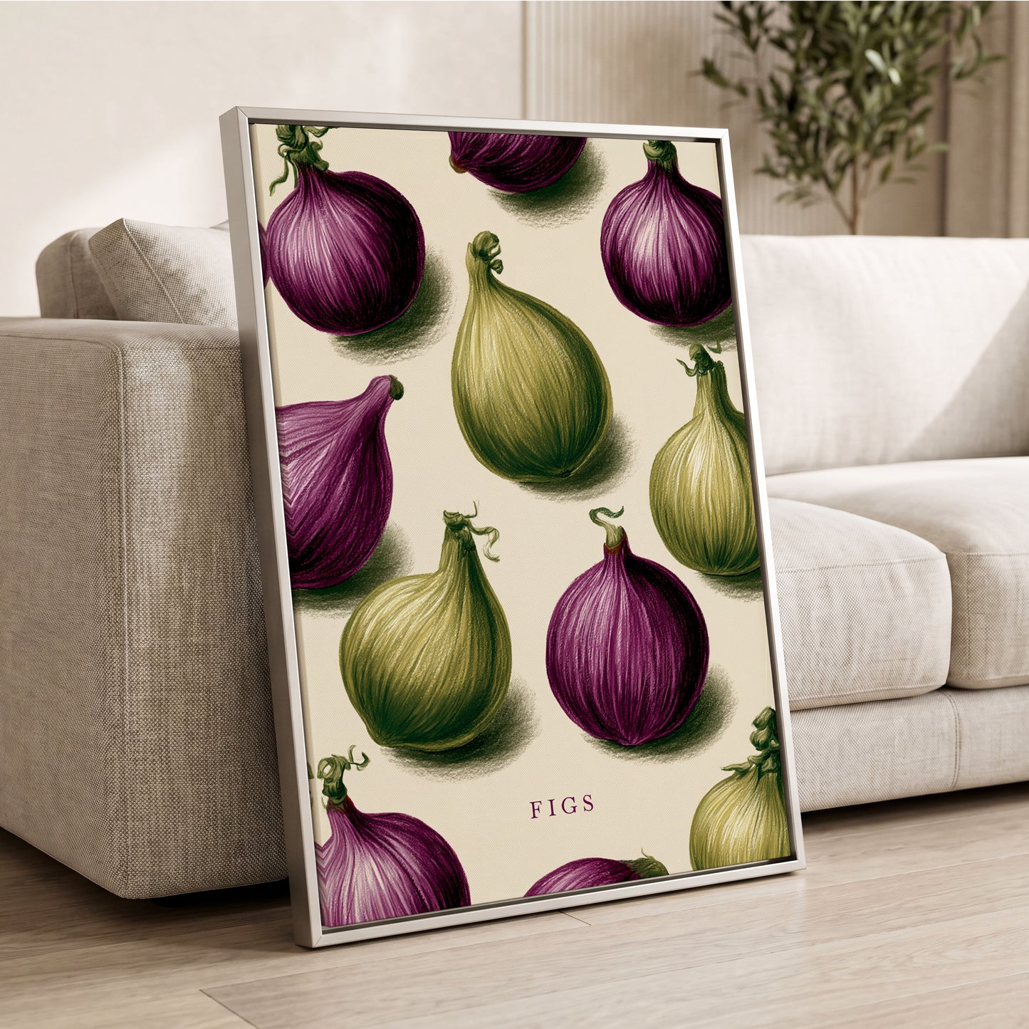 Fig Orchard Study, purple, green, beige nature wall art displayed in a styled interior, gallery view 2
