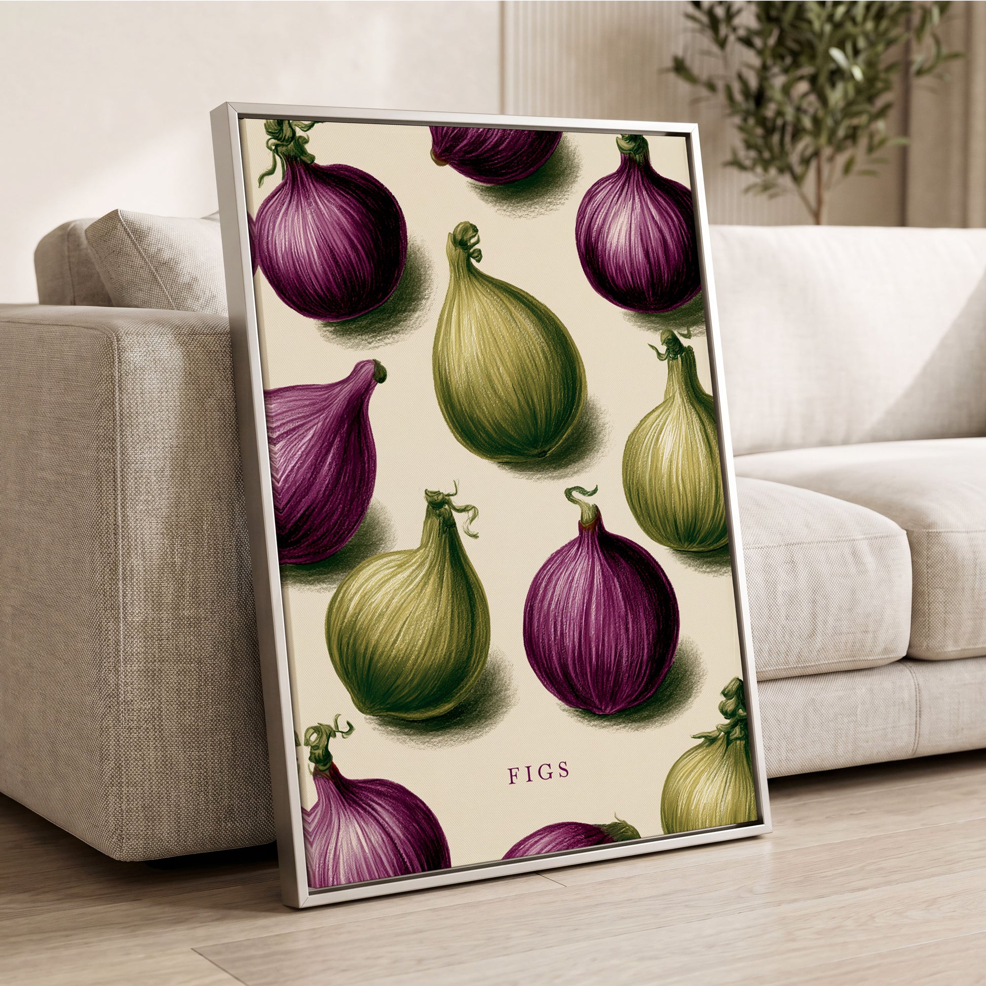 Fig Orchard Study, purple, green, beige nature wall art displayed in a styled interior, gallery view 2