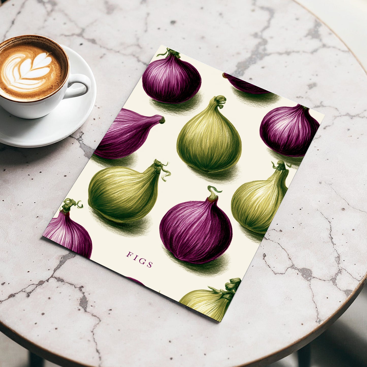 Fig Orchard Study, purple, green, beige nature wall art displayed in a styled interior, gallery view 3