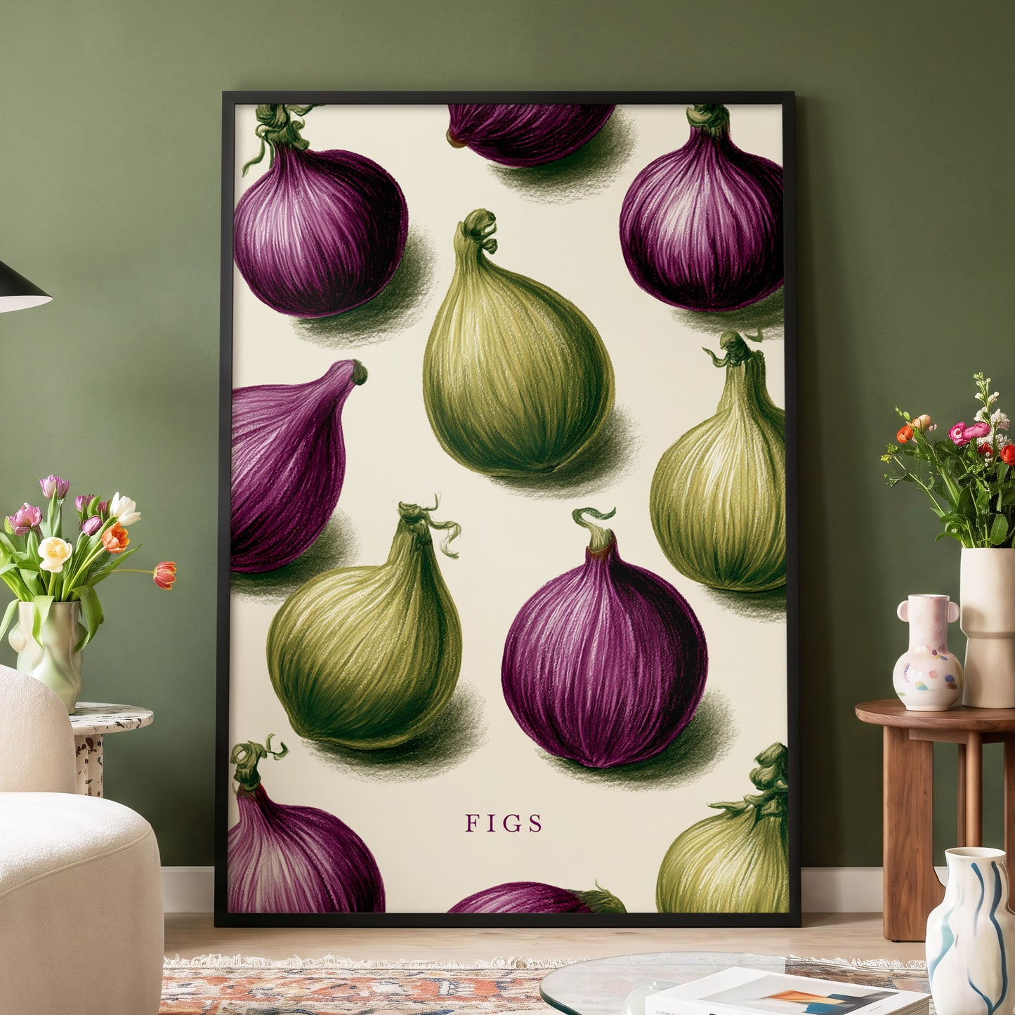 Fig Orchard Study, purple, green, beige nature wall art displayed in a styled interior, gallery view 4