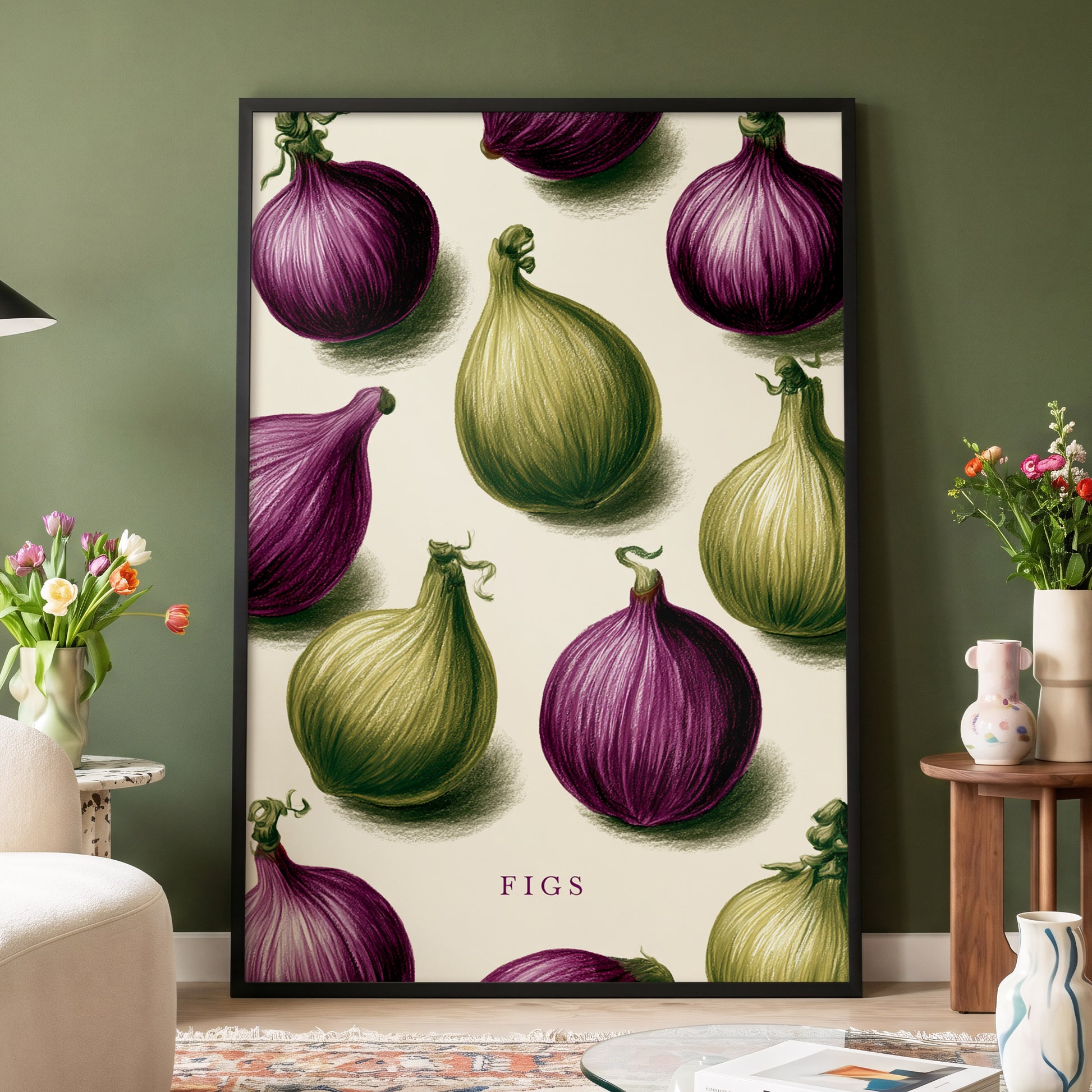 Fig Orchard Study, purple, green, beige nature wall art displayed in a styled interior, gallery view 4