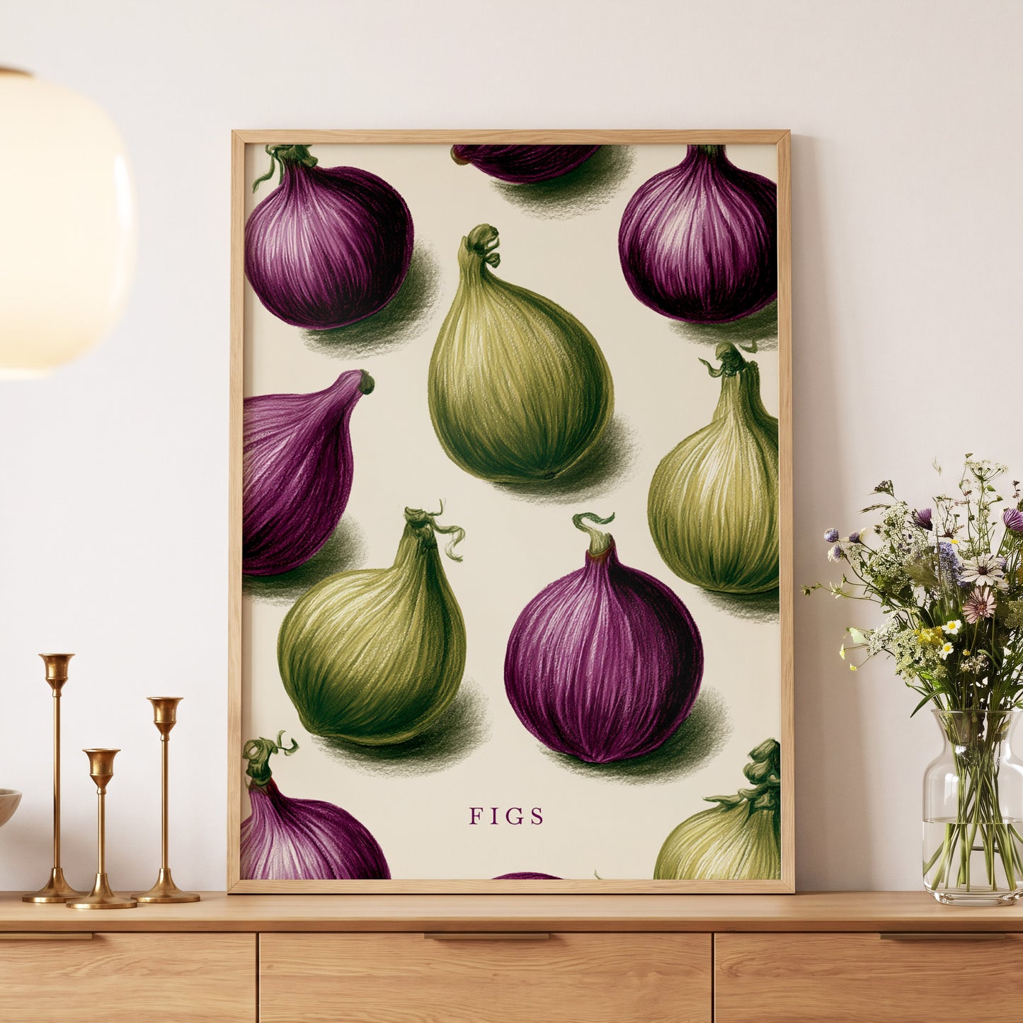 Fig Orchard Study, purple, green, beige nature wall art displayed in a styled interior, gallery view 5