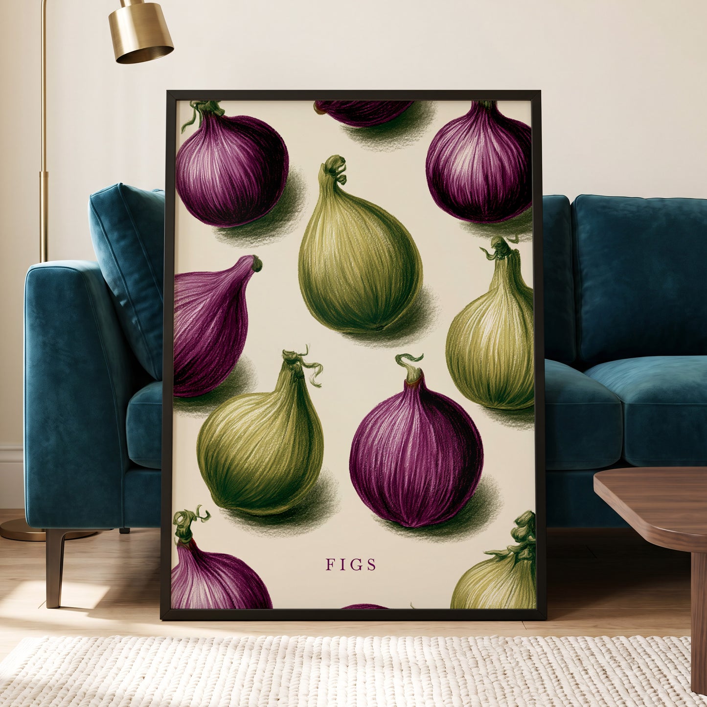 Fig Orchard Study, purple, green, beige nature wall art displayed in a styled interior, gallery view 6