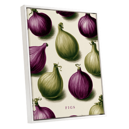 Fig Orchard Study, purple, green, beige nature wall art shown as a white framed canvas wall art