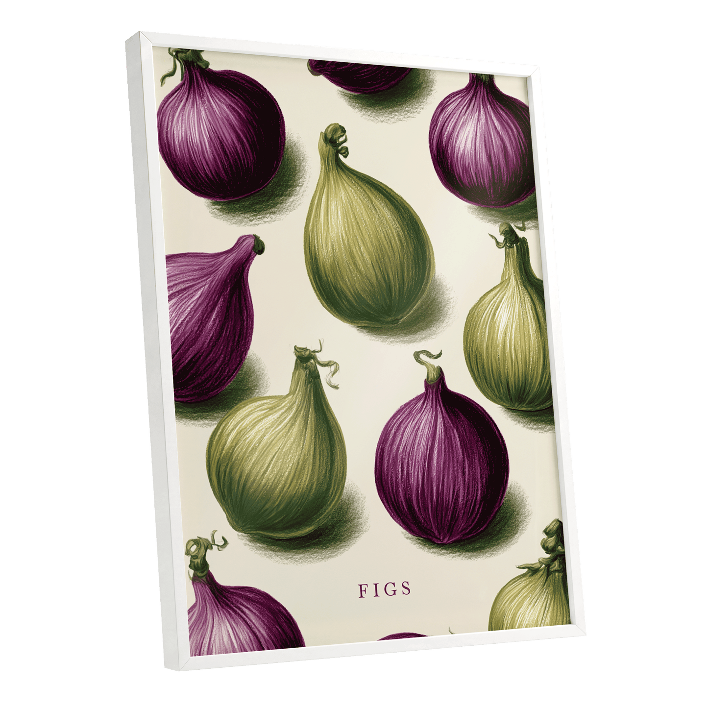 Fig Orchard Study, purple, green, beige nature wall art shown as a white framed poster wall art print