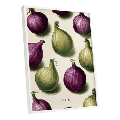 Fig Orchard Study, purple, green, beige nature wall art shown as a white framed poster wall art print