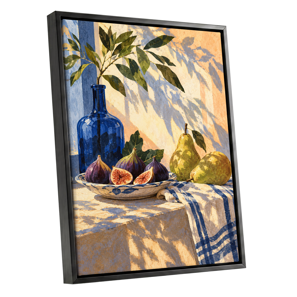 Figs in the Afternoon, blue, green, beige nature wall art shown as a black framed canvas wall art
