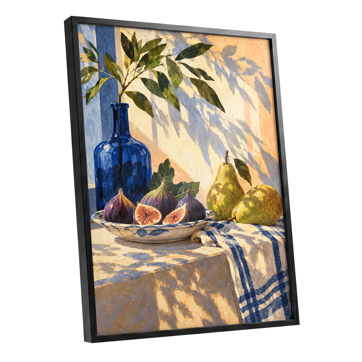 Figs in the Afternoon, blue, green, beige nature wall art shown as a black framed poster wall art print