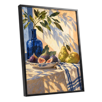 Figs in the Afternoon, blue, green, beige nature wall art shown as a black framed poster wall art print