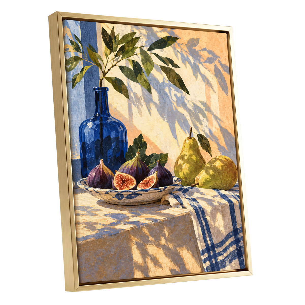 Figs in the Afternoon, blue, green, beige nature wall art shown as a gold framed canvas wall art