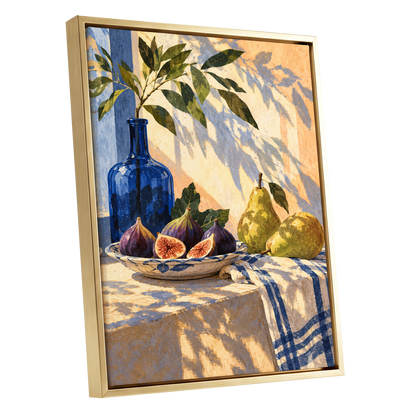 Figs in the Afternoon, blue, green, beige nature wall art shown as a gold framed canvas wall art