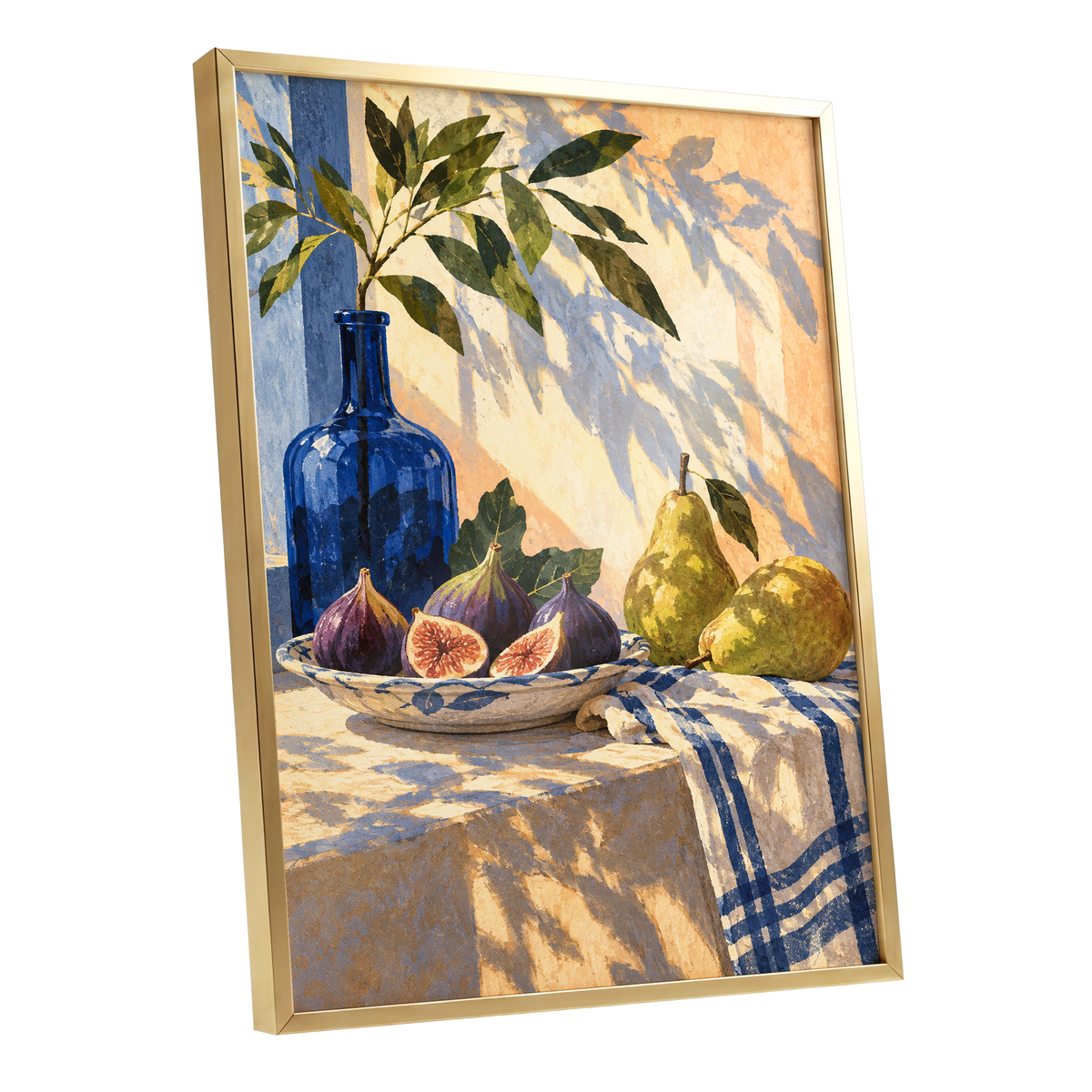 Figs in the Afternoon, blue, green, beige nature wall art shown as a gold framed poster wall art print