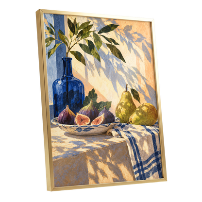 Figs in the Afternoon, blue, green, beige nature wall art shown as a gold framed poster wall art print