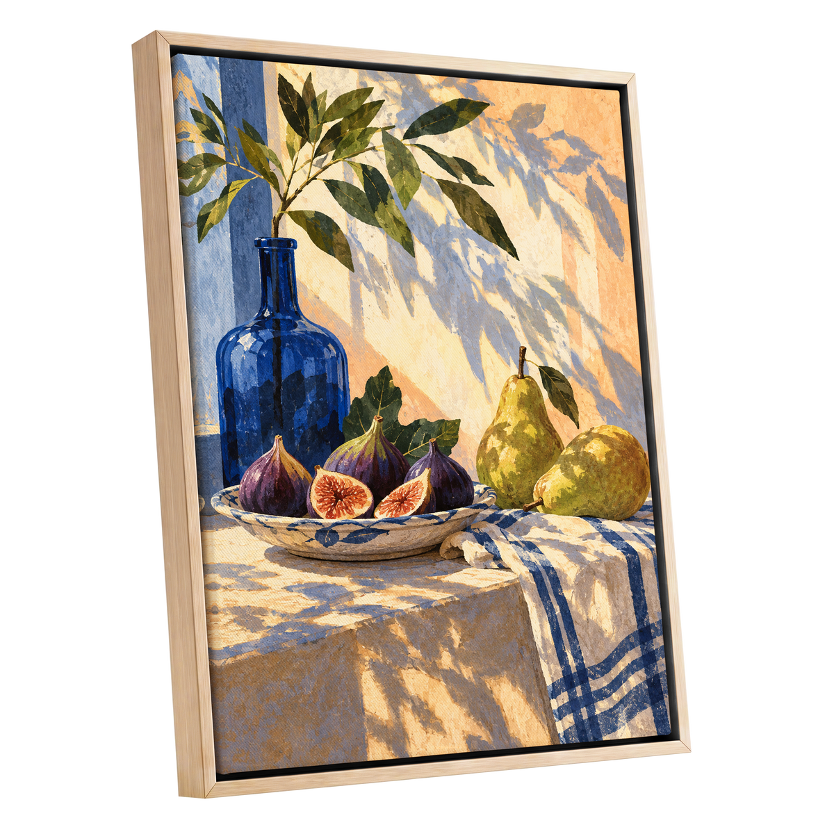 Figs in the Afternoon, blue, green, beige nature wall art shown as a oak framed canvas wall art