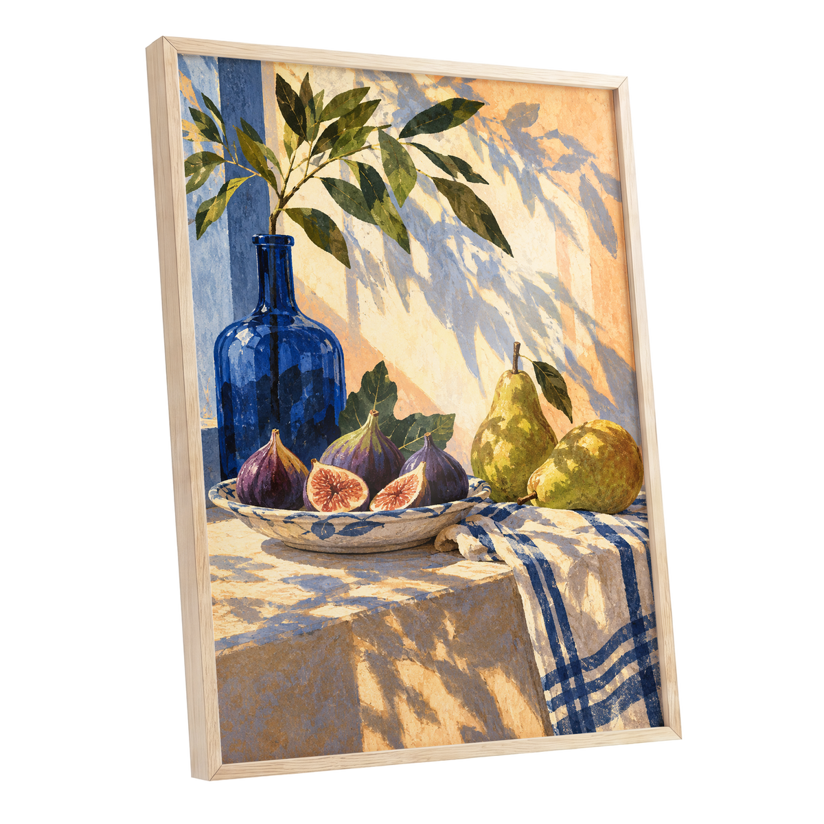 Figs in the Afternoon, blue, green, beige nature wall art shown as a oak framed poster wall art print