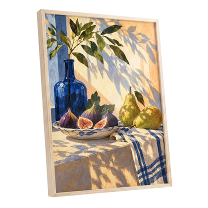 Figs in the Afternoon, blue, green, beige nature wall art shown as a oak framed poster wall art print