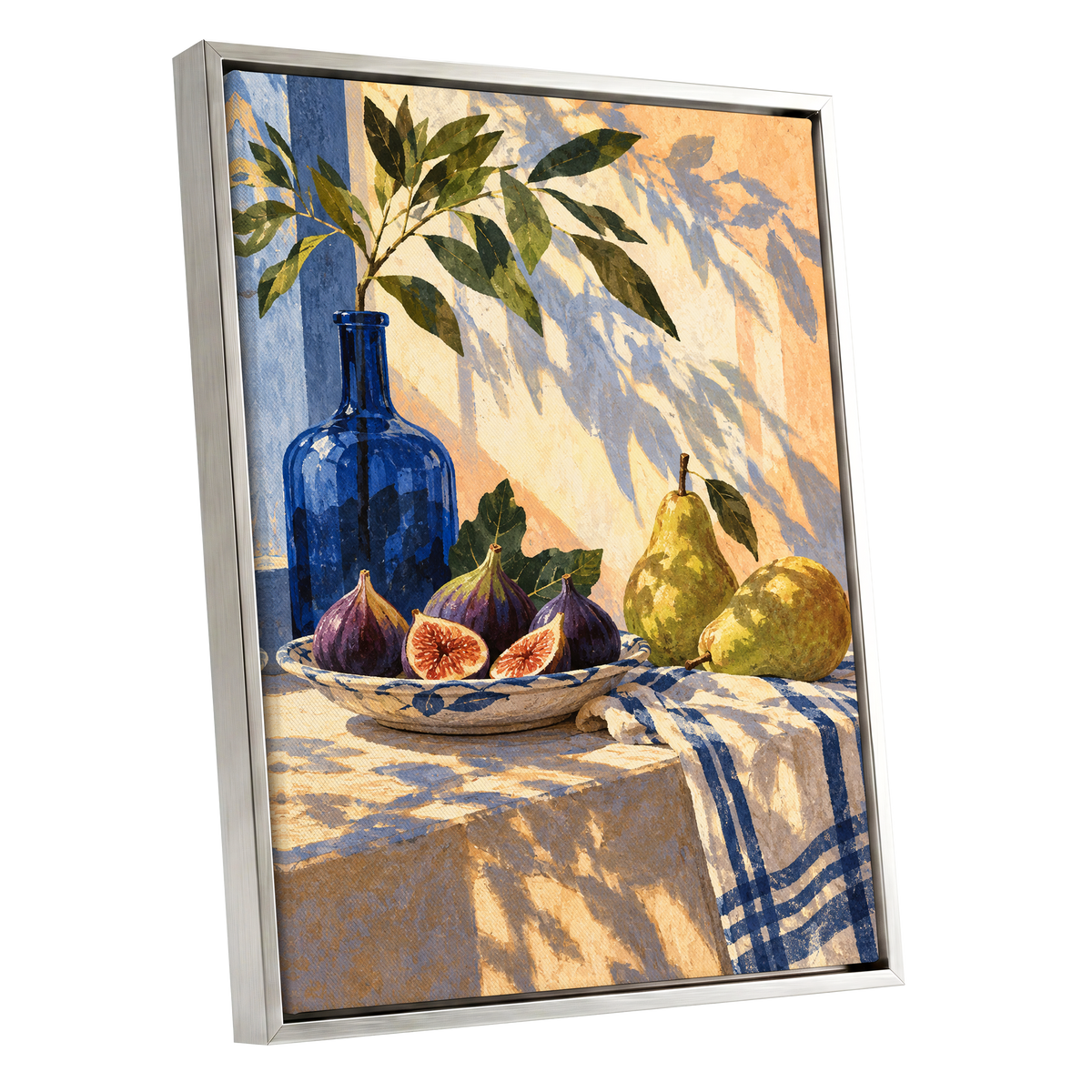 Figs in the Afternoon, blue, green, beige nature wall art shown as a silver framed canvas wall art