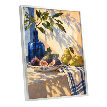 Figs in the Afternoon, blue, green, beige nature wall art shown as a silver framed poster wall art print
