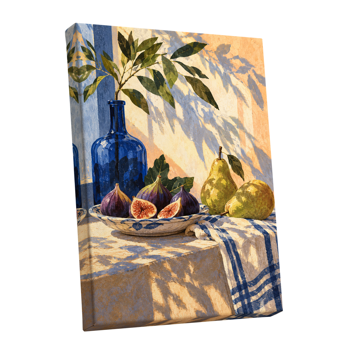 Figs in the Afternoon, blue, green, beige nature wall art shown as a stretched canvas wall art