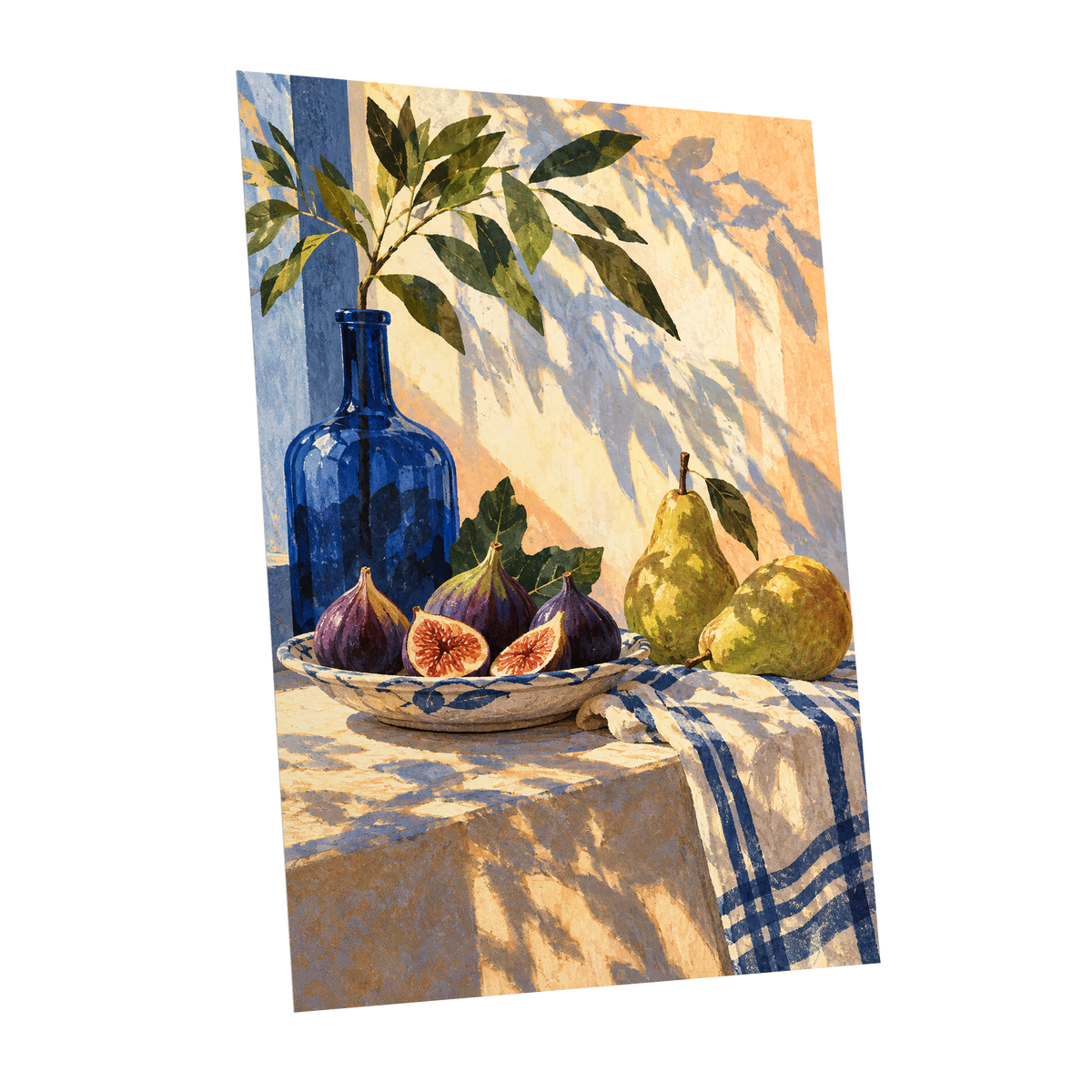 Figs in the Afternoon, blue, green, beige nature wall art shown as a unframed poster wall art print