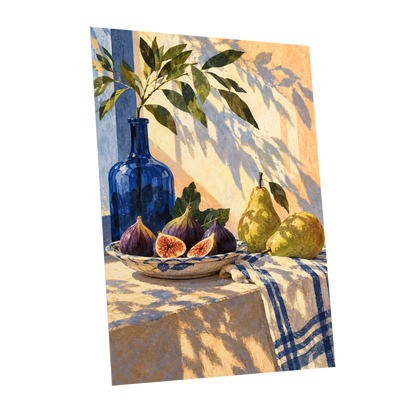 Figs in the Afternoon, blue, green, beige nature wall art shown as a unframed poster wall art print
