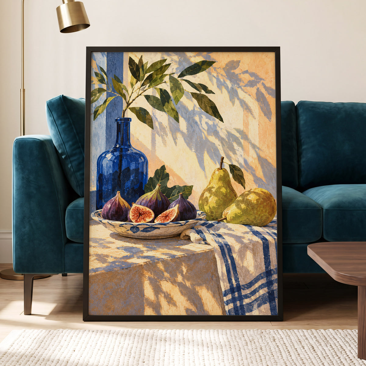 Figs in the Afternoon, blue, green, beige nature wall art displayed in a styled interior, gallery view 2