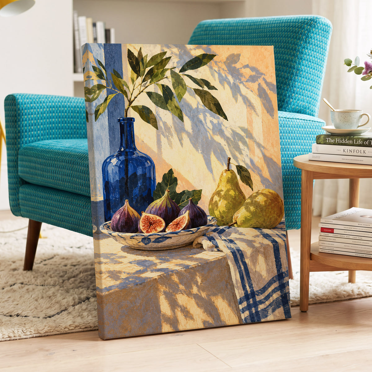 Figs in the Afternoon, blue, green, beige nature wall art displayed in a styled interior, gallery view 3
