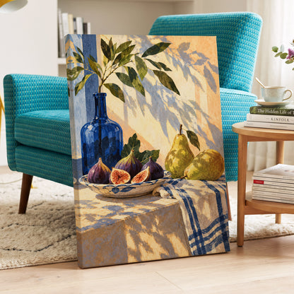 Figs in the Afternoon, blue, green, beige nature wall art displayed in a styled interior, gallery view 3