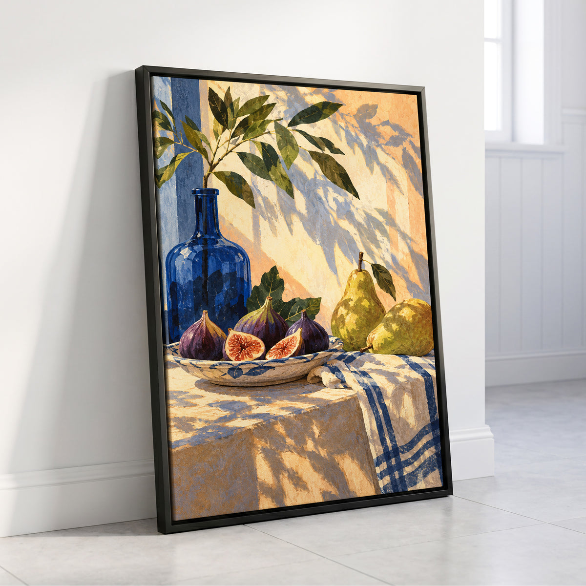 Figs in the Afternoon, blue, green, beige nature wall art displayed in a styled interior, gallery view 4