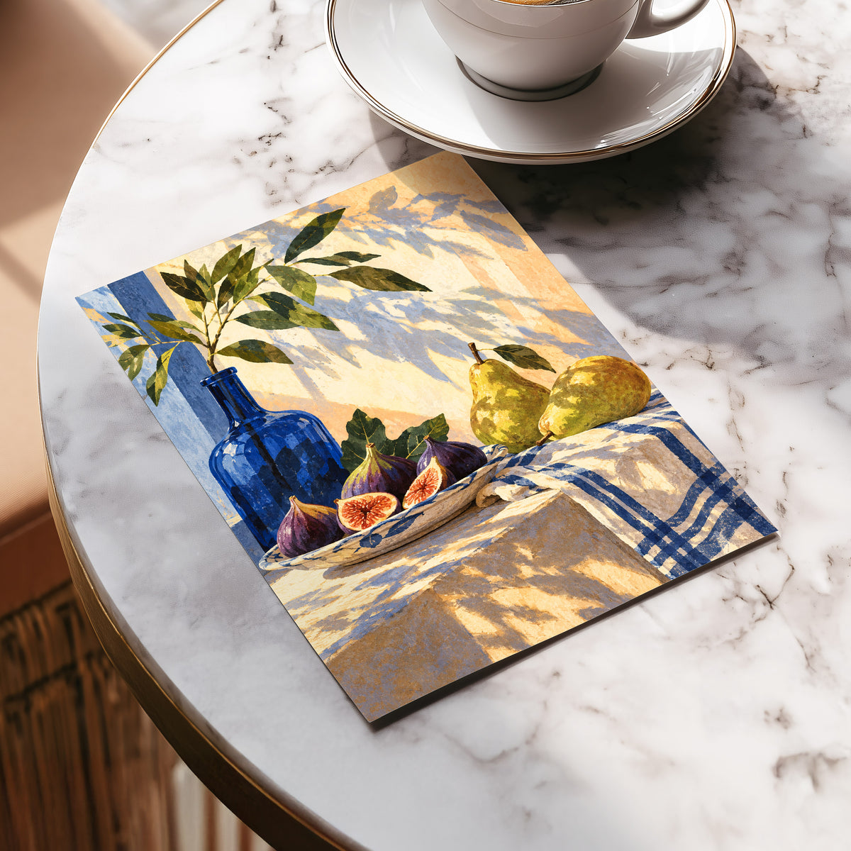 Figs in the Afternoon, blue, green, beige nature wall art displayed in a styled interior, gallery view 5
