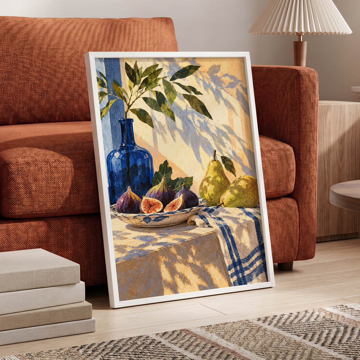 Figs in the Afternoon, blue, green, beige nature wall art displayed in a styled interior, gallery view 6