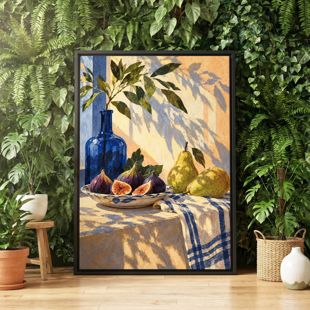 Figs in the Afternoon, blue, green, beige nature wall art displayed in a styled interior, gallery view 8