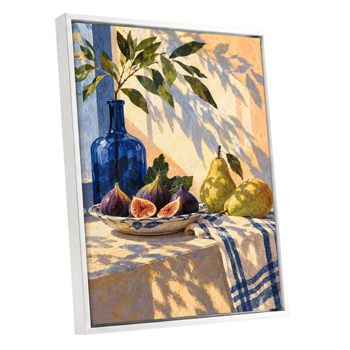 Figs in the Afternoon, blue, green, beige nature wall art shown as a white framed canvas wall art