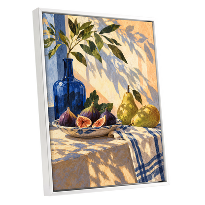 Figs in the Afternoon, blue, green, beige nature wall art shown as a white framed canvas wall art