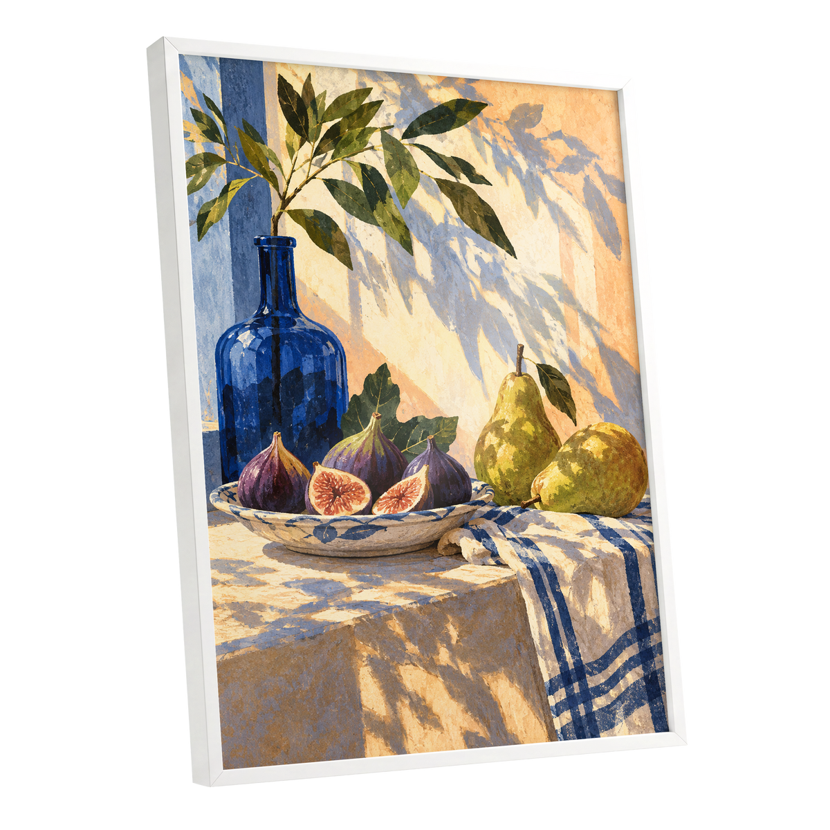 Figs in the Afternoon, blue, green, beige nature wall art shown as a white framed poster wall art print