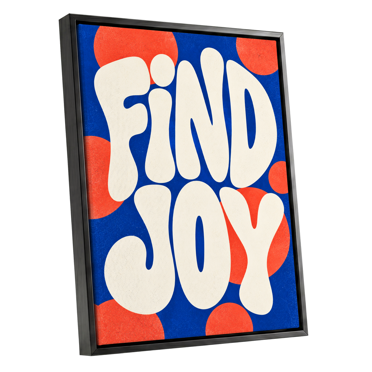 Find Joy in Colour, blue, beige, orange abstract wall art shown as a black framed canvas wall art