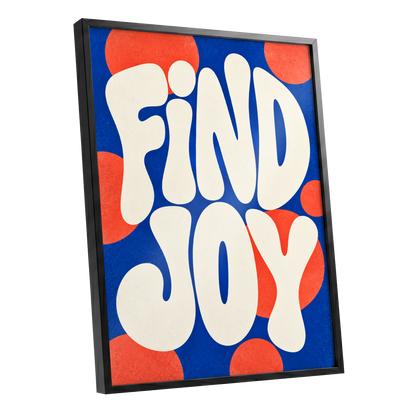 Find Joy in Colour, blue, beige, orange abstract wall art shown as a black framed poster wall art print
