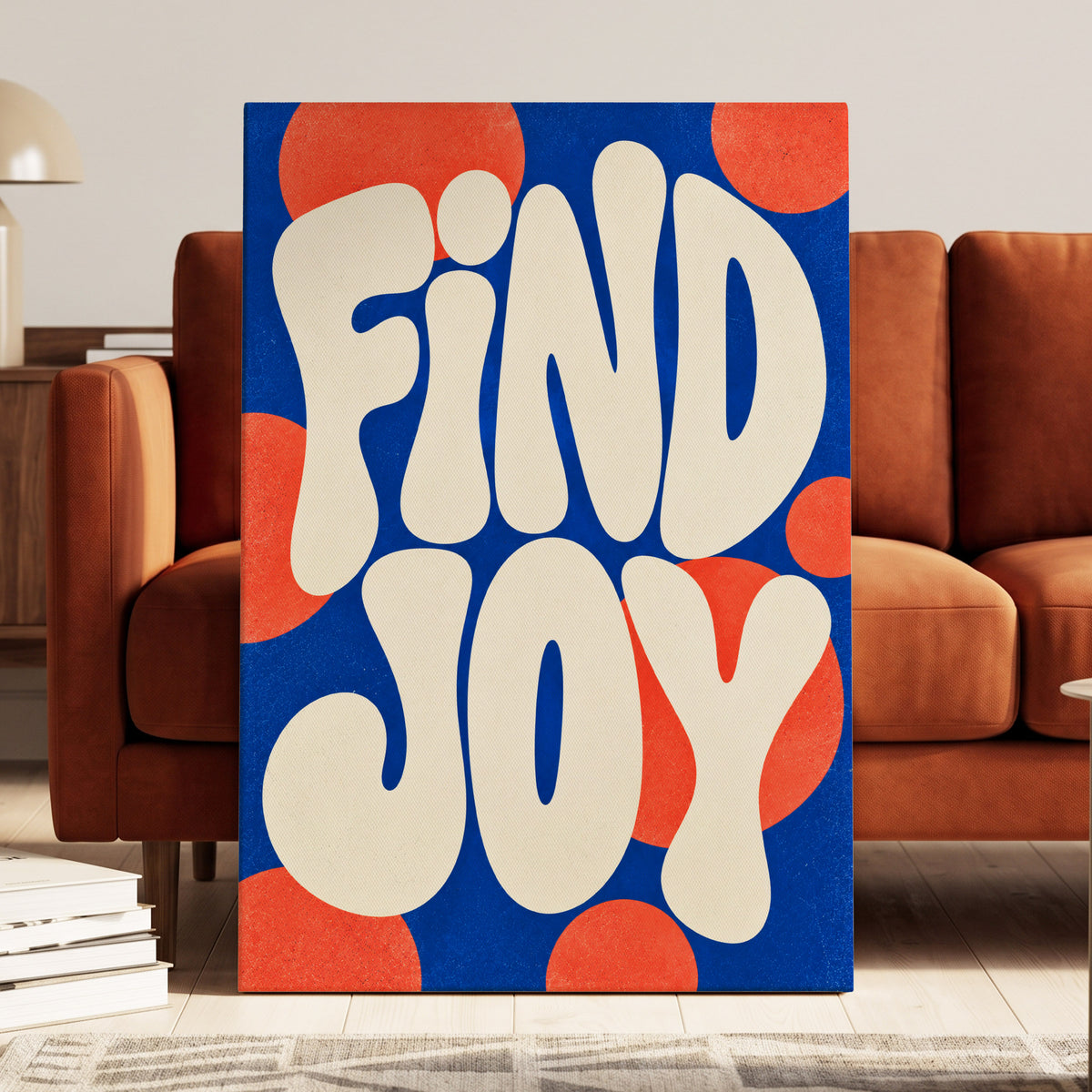 Find Joy in Colour, blue, beige, orange abstract wall art on canvas displayed in a styled interior, gallery view 1