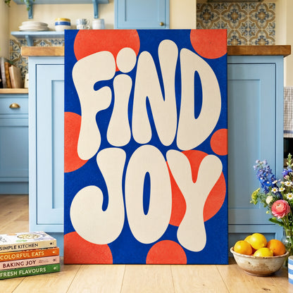 Find Joy in Colour, blue, beige, orange abstract wall art on canvas displayed in a styled interior, gallery view 2