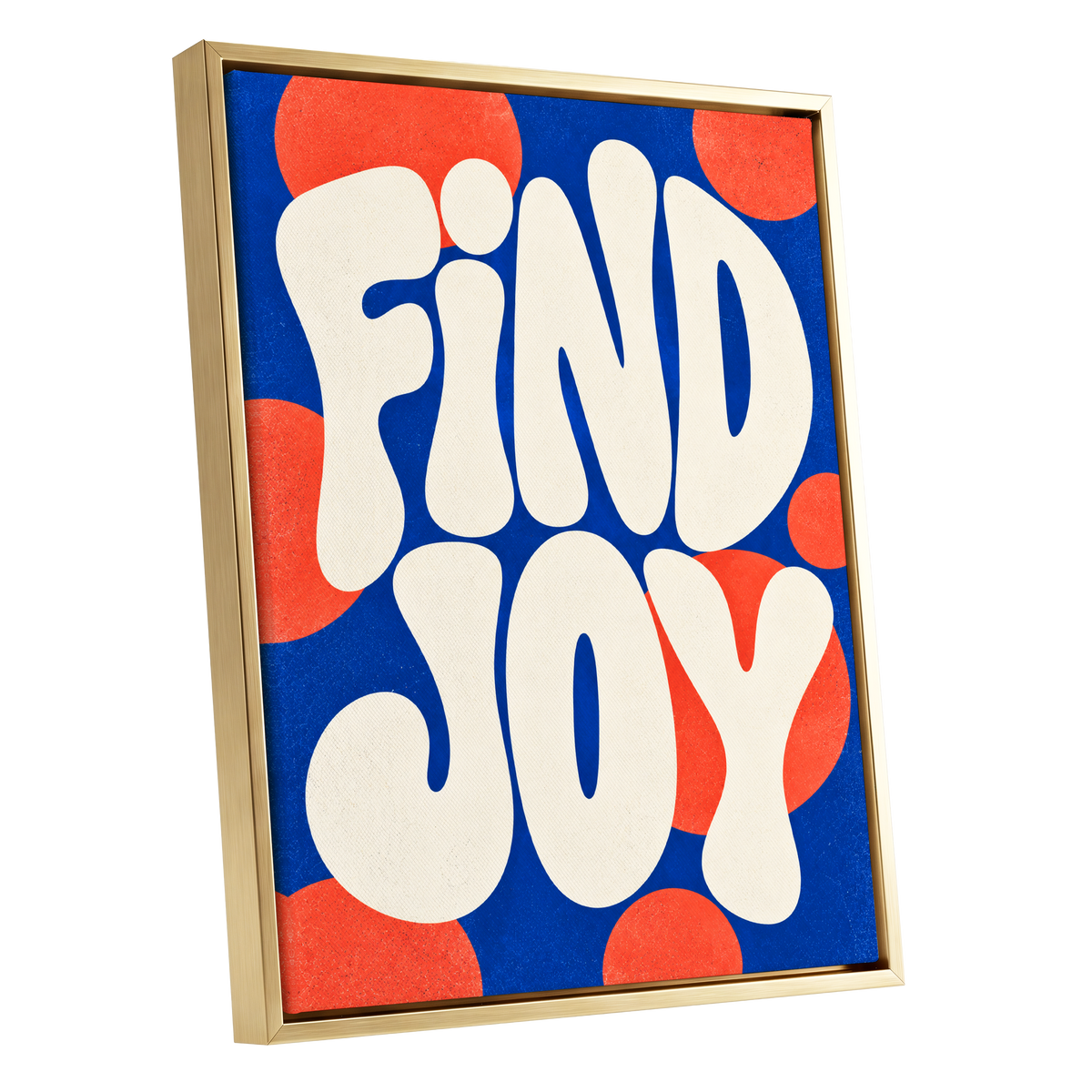 Find Joy in Colour, blue, beige, orange abstract wall art shown as a gold framed canvas wall art