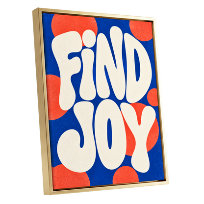 Find Joy in Colour, blue, beige, orange abstract wall art shown as a gold framed canvas wall art