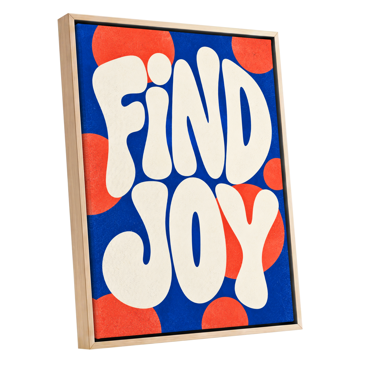 Find Joy in Colour, blue, beige, orange abstract wall art shown as a oak framed canvas wall art