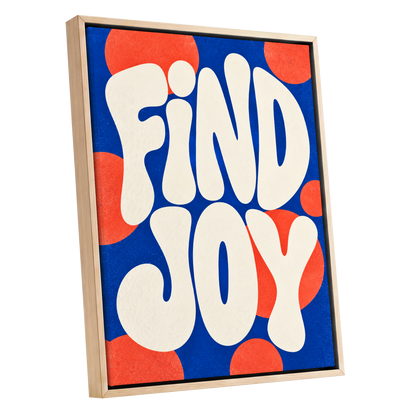Find Joy in Colour, blue, beige, orange abstract wall art shown as a oak framed canvas wall art