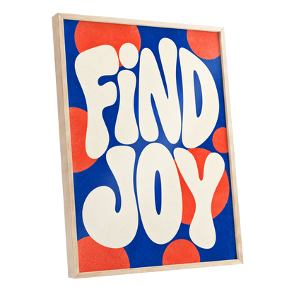 Find Joy in Colour, blue, beige, orange abstract wall art shown as a oak framed poster wall art print