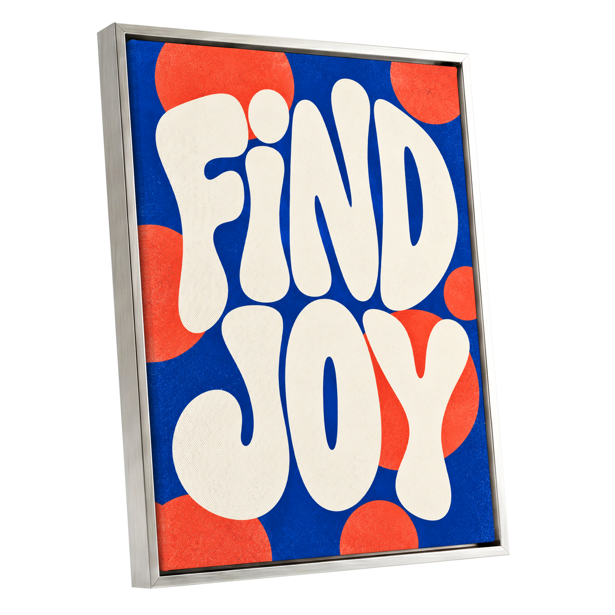 Find Joy in Colour, blue, beige, orange abstract wall art shown as a silver framed canvas wall art