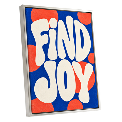 Find Joy in Colour, blue, beige, orange abstract wall art shown as a silver framed canvas wall art