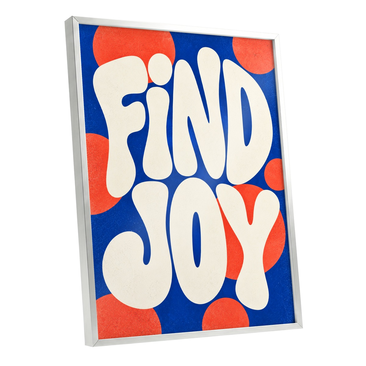 Find Joy in Colour, blue, beige, orange abstract wall art shown as a silver framed poster wall art print