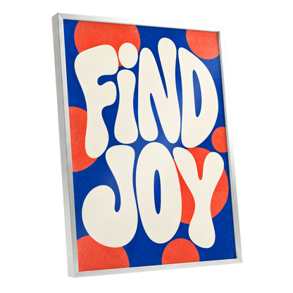 Find Joy in Colour, blue, beige, orange abstract wall art shown as a silver framed poster wall art print