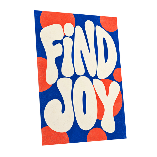 Find Joy in Colour, blue, beige, orange abstract wall art shown as a unframed poster wall art print