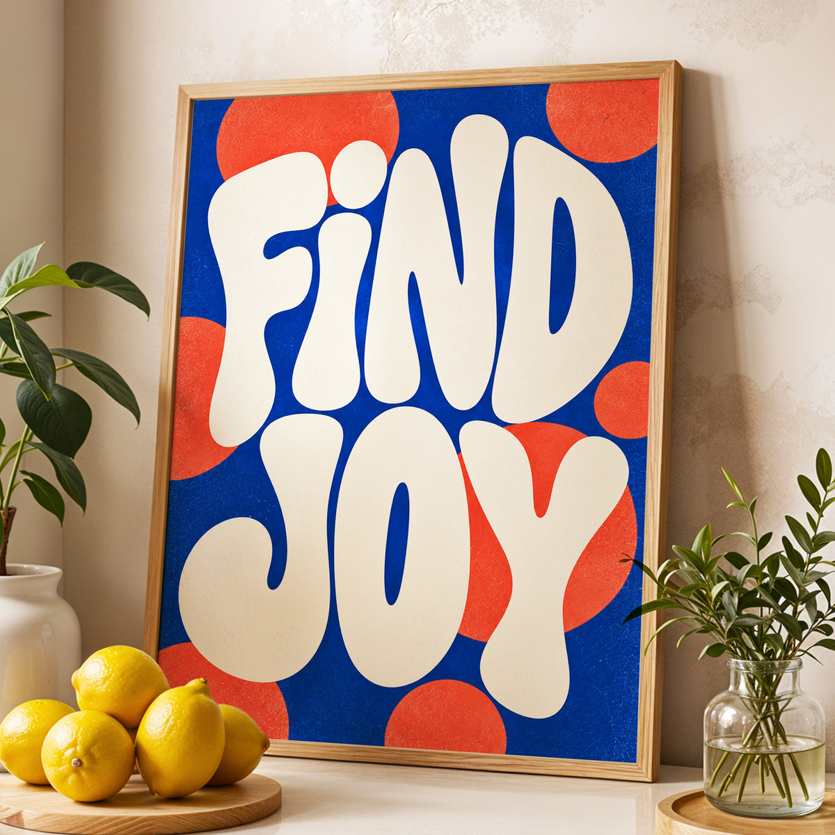Find Joy in Colour, blue, beige, orange abstract wall art displayed in a styled interior, gallery view 4